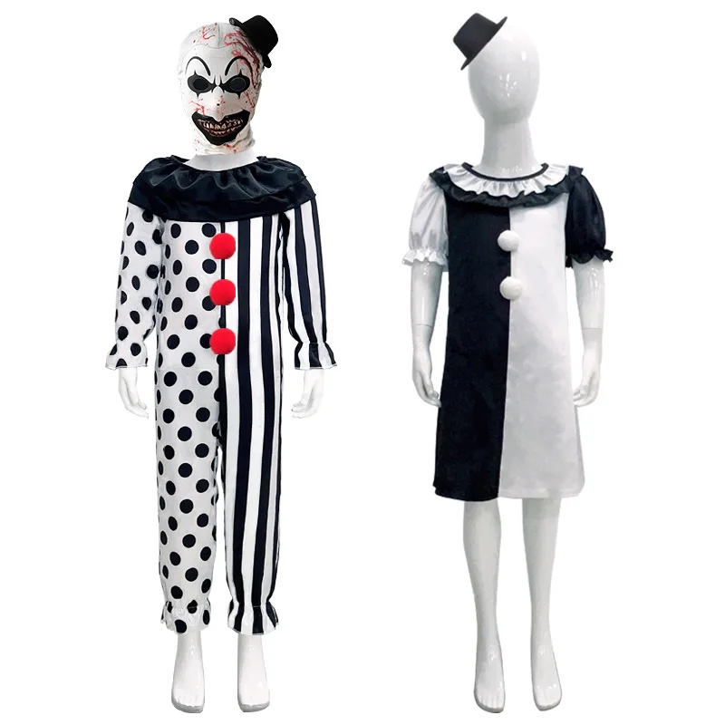 

Kids Halloween Scary Clown Jumpsuits Cosplay Costume Party Fancy Dress Up Purim RolePlay Outfits Children Party Sets Halloween