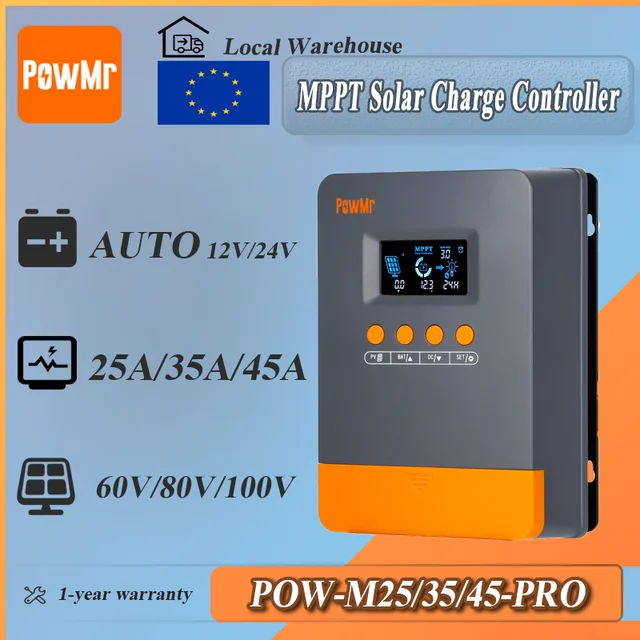 Contrôleur de charge solaire MPPT PowMr 25A 35A 45A 12V 24V, compatibilité et protection multi-batteries automatiques, tension PV max 100V pour maison solaire 1