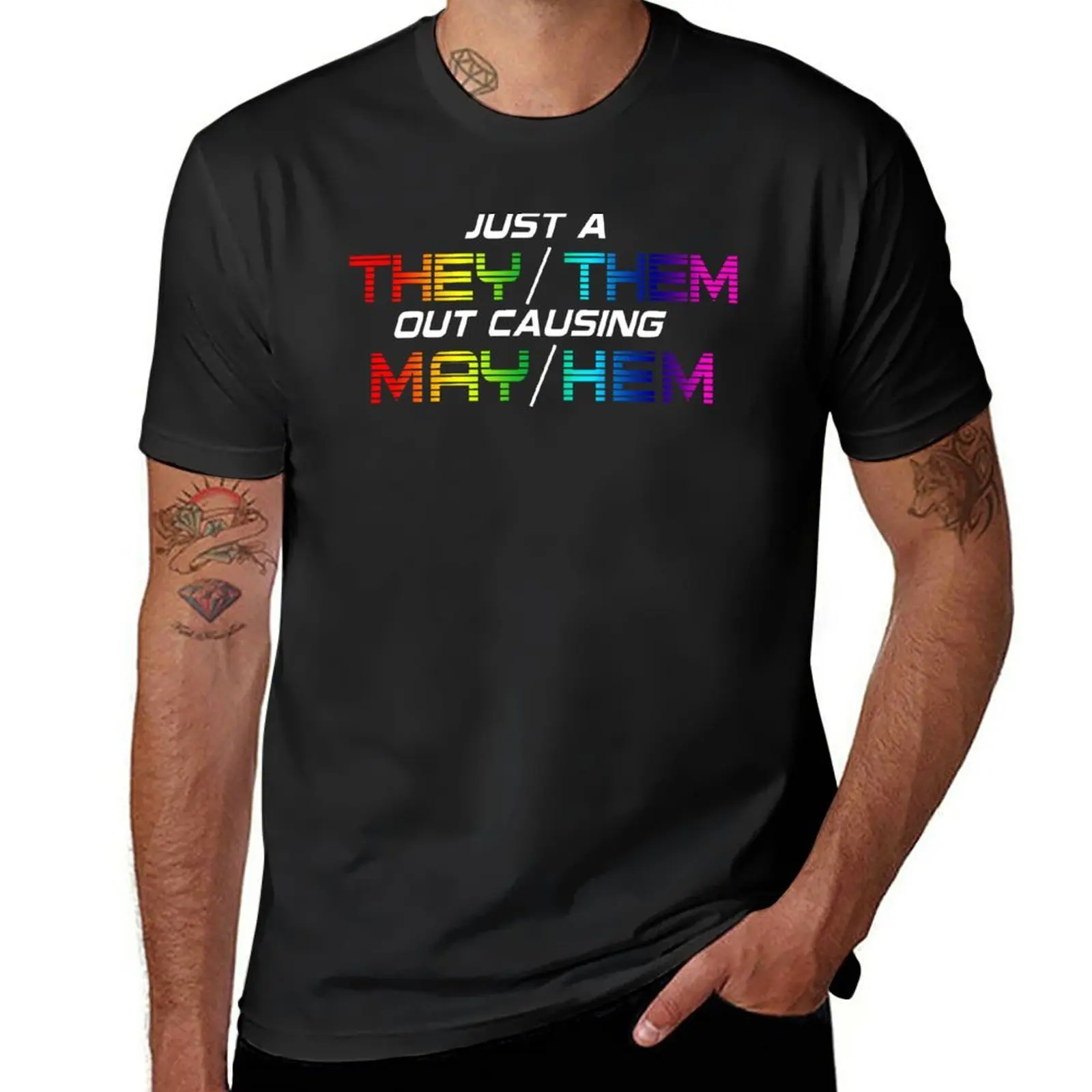 

New They/Them Causing Mayhem Nonbinary Pride Holographic LGBT T-Shirt blank t shirts boys white t shirts black t-shirts for men