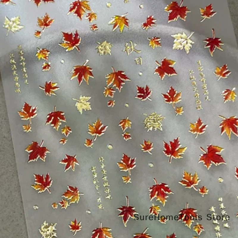 1Pcs Autumn Bronzing Maple Leaf Nail Art Stickers - Elegant Red Fall Leaves Decals for DIY Nail Art Decoration & Manicure Design