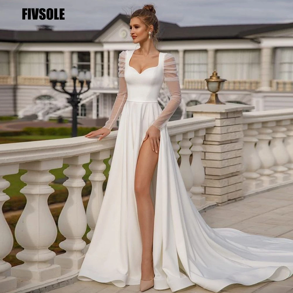 

Fivsole Elegant Beach Wedding Dresses Long Sleeves Satin High Quality Zipper Bridal Gowns Hot Sale Side Split Robe De Mariée