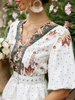 V-neck short sleeves summer dress women Belt buttons white minis Holiday dresses