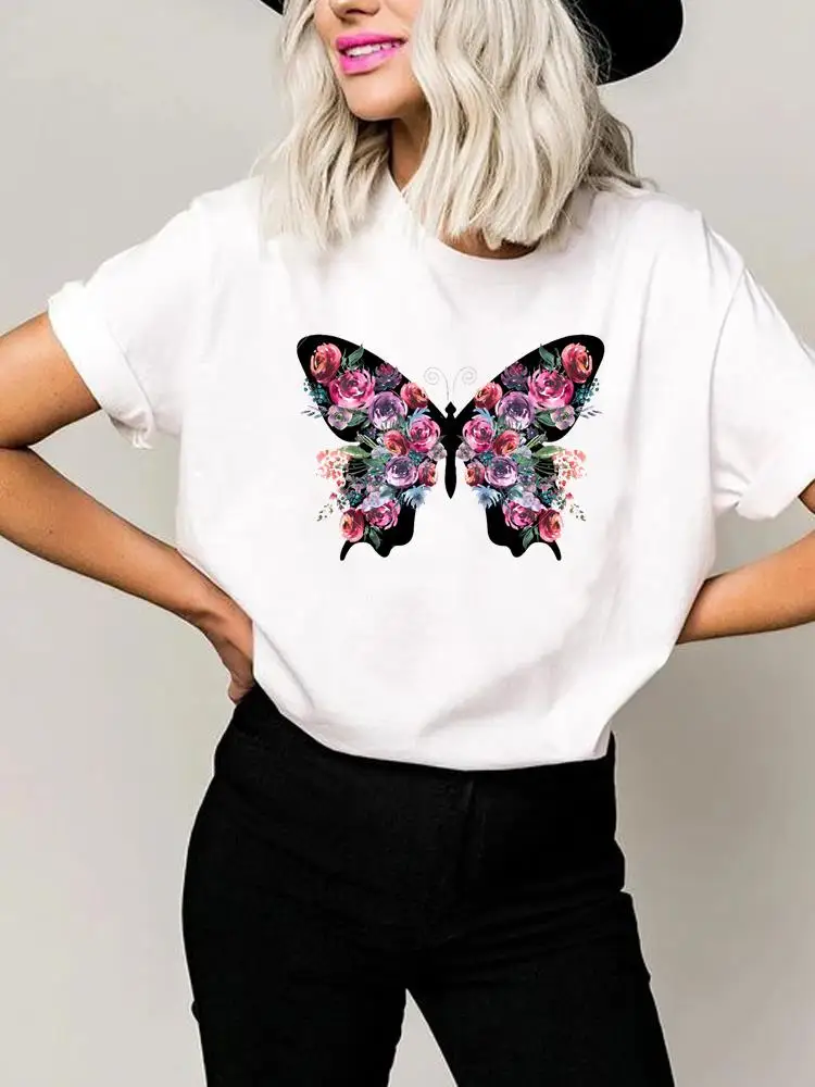 

Clothing Tee Basic Women Clothes Print T Shirt Flower Butterfly Lovely Trend Short Sleeve Summer Top Fashion Graphic T-shirt