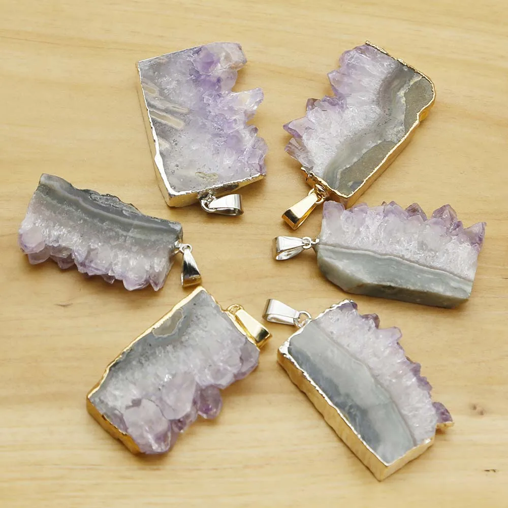 

Natural Raw Ore Stone Uruguay Amethyst Irregular Pendants Gold Silver Edge Necklace Energy Healing Chakra Halo Jewelry Gift 6Pcs