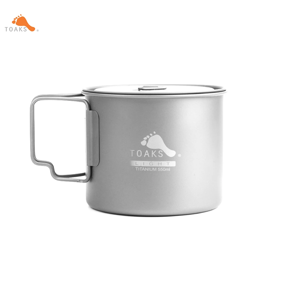 TOAKS 티타늄 냄비 POT-550-L, 초경량 버전 컵 0.3mm, 야외 캠핑 마감 머그잔, 뚜껑 및 접이식 손잡이 포함, 550ml 72g