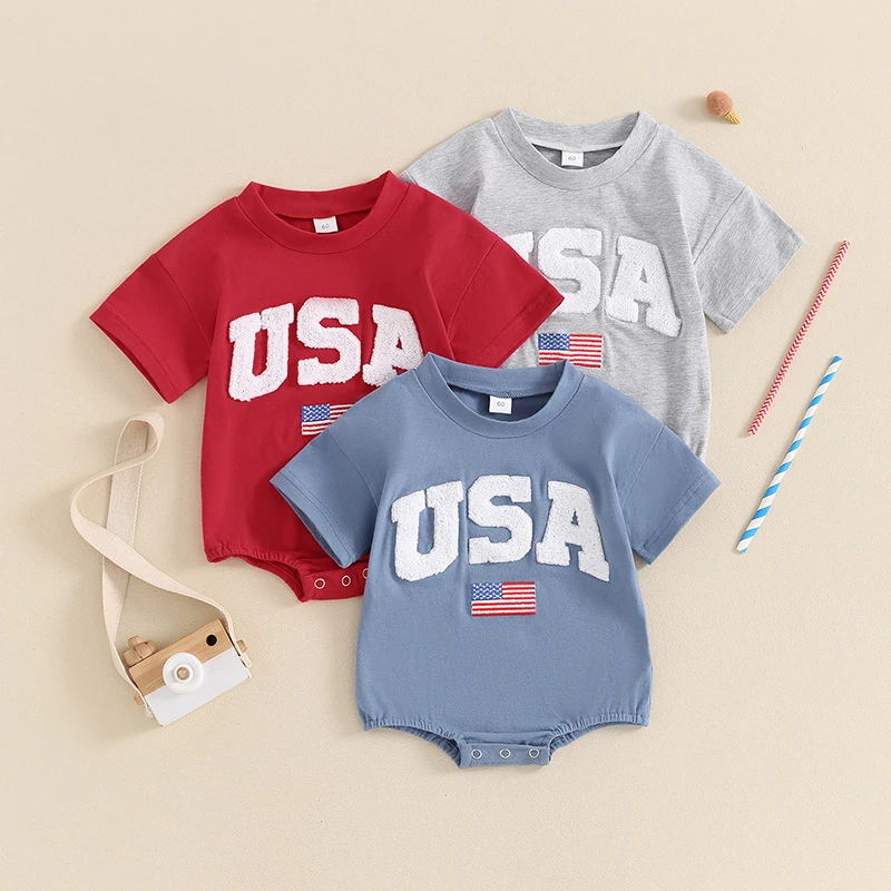 

2024-03-15 Lioraitiin 0-18M Infant Baby Girls Boys 4th of July Rompers Fuzzy Letter Flag Embroidery Short Sleeve Summer Jumpsuit