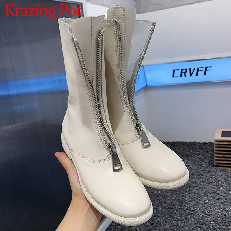 

Krazing Pot Cow Leather Round Toe Low Heels Chelsea Boots Vintage England Style Deign Multicolor Zipper Keep Warm Ankle Boots
