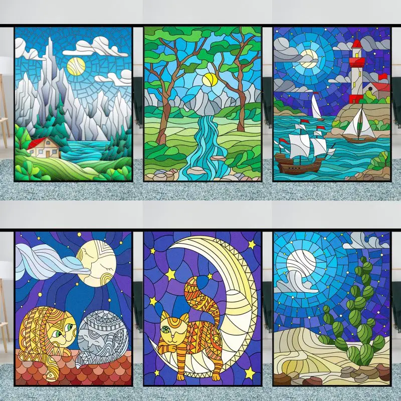 

Windows Privacy Film Church Style Stained Glass Window Stickers Static Cling Decorative Frosted Window Films Customized Size