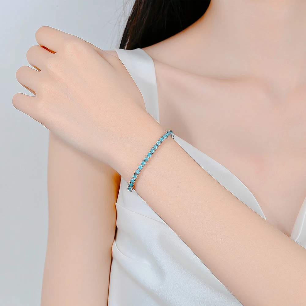 순수 실버 15-21 cm 테니스 팔찌 포장 3 mm 청록색 블루 스톤 아름다운 진짜 925 보석 여성/남성