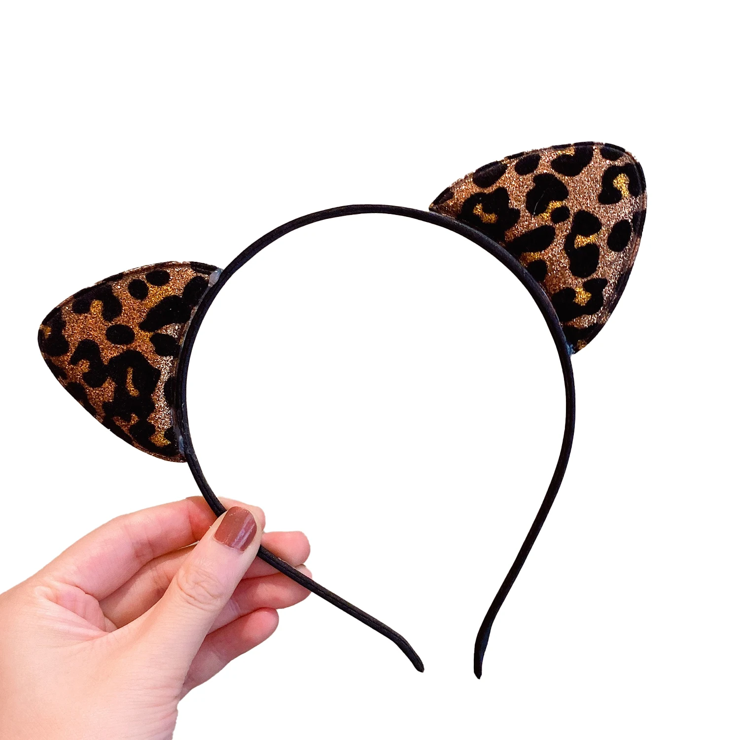 Glitzerndes Katzenohren-Stirnband, Leopardenmuster, Katzenohren-Haarband, Metall-Haarreifen für die tägliche Party-Dekoration für Mädchen und Frauen – Detail 2