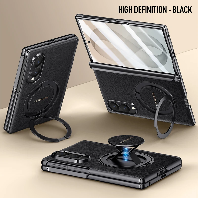 Luxury Magnetic PU Leather Case with Rotating Bracket & Hand Strap, Includes HD Privacy Glass