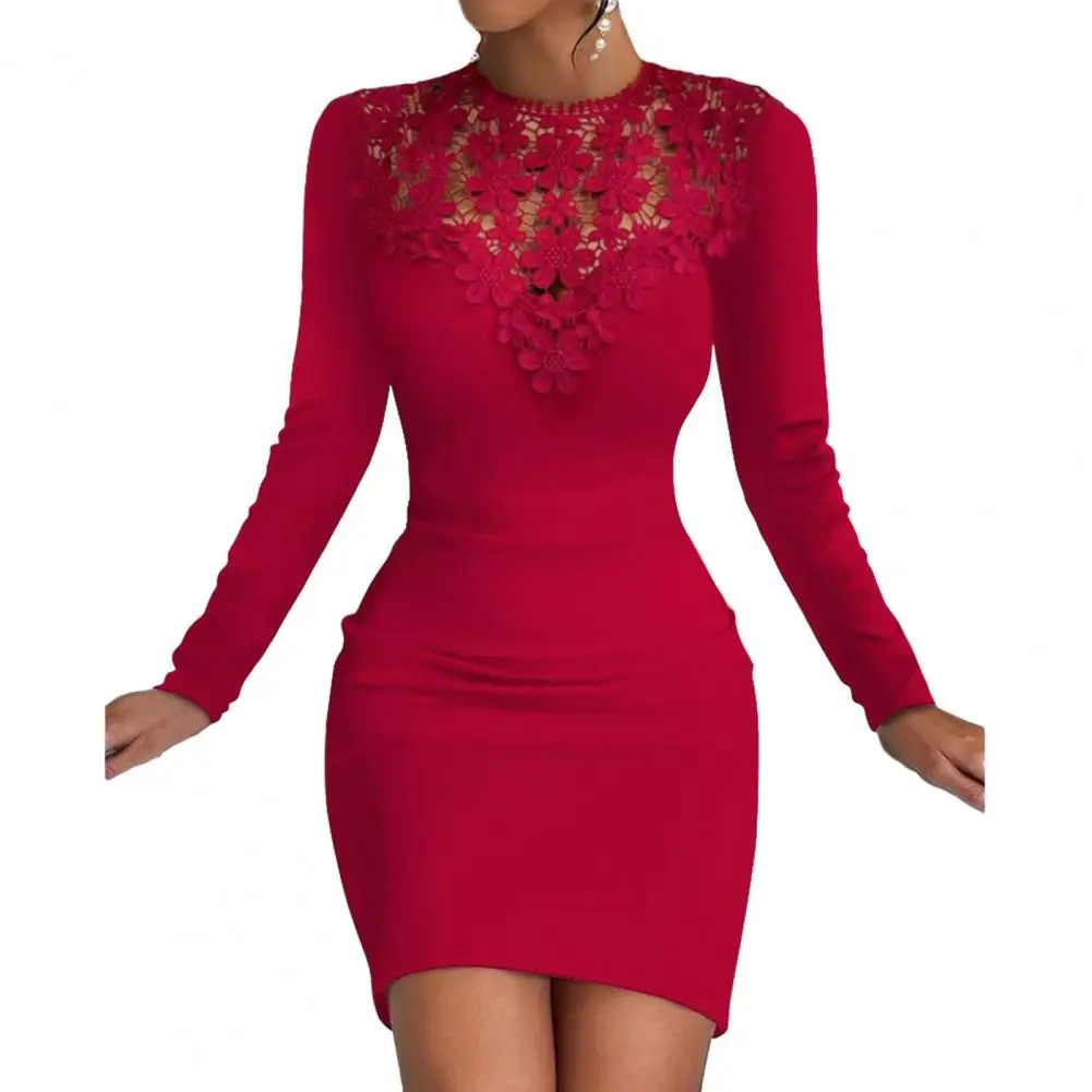 

Sexy Lace Patchwork Bodycon Mini Dress Women Fashion O-neck Long Sleeve Solid Dresses Autumn Winter Hollow Out Skinny Robe Femme