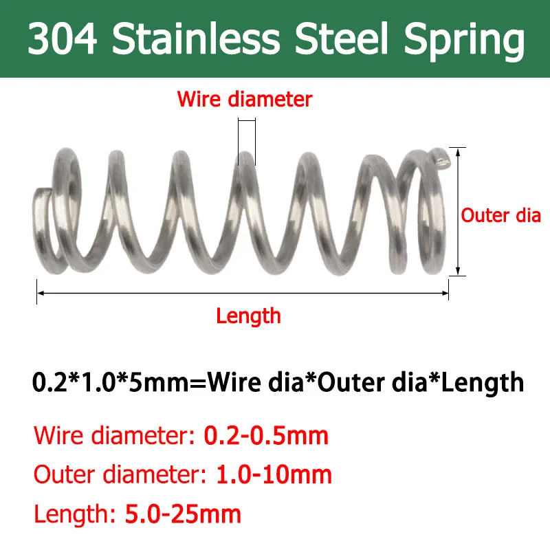 10pcs Wire Dia 0.2/0.3/0.4/0.5mm 304 Stainless Steel Compression Spring Spiral Pressure Spring Length 5-25mm Outer Dia 1-10mm