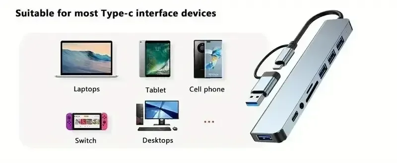 Hub 8 in 2 con splitter, lettore USB, porta C 3.0, 2.0, docking station per schede SD e TF._voghion.com