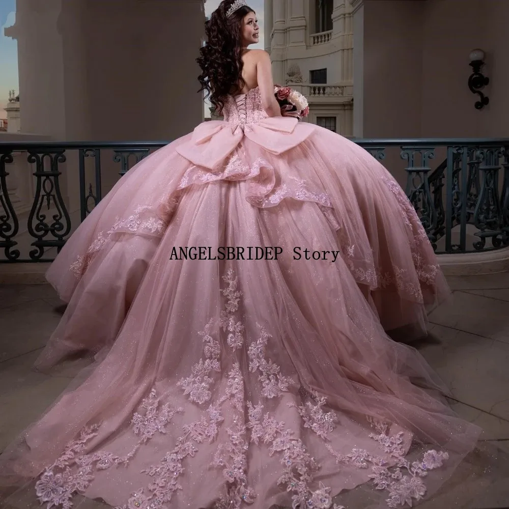 ANGELSBRIDEP Pink 3D Floral Quinceanera Dresses Tiered Lace Applique Beading Mexico Sweet 16 Vestidos De 15 Anos Customized