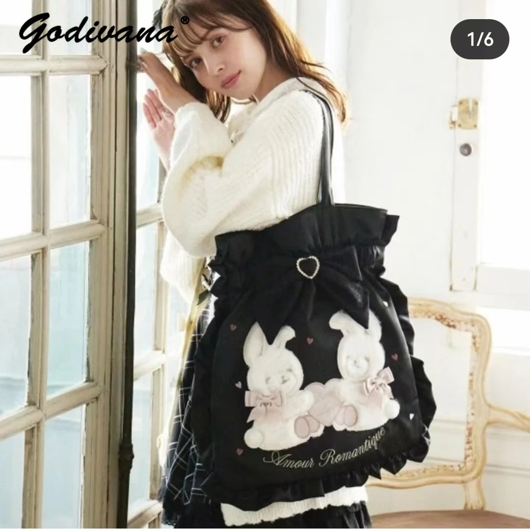 Japanese Fashion Liz Sweet Strawberry Cake Cute Tote Bag Women's Large Capacity Cartoon Embroidery Bowknot Shoulder Handbags