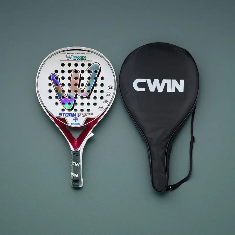 Custom carbon fiber tennis racket showing large racket face and grip.