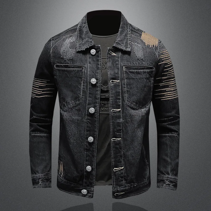 

Spring Embroidered Vintage Black Men's Denim Jacket