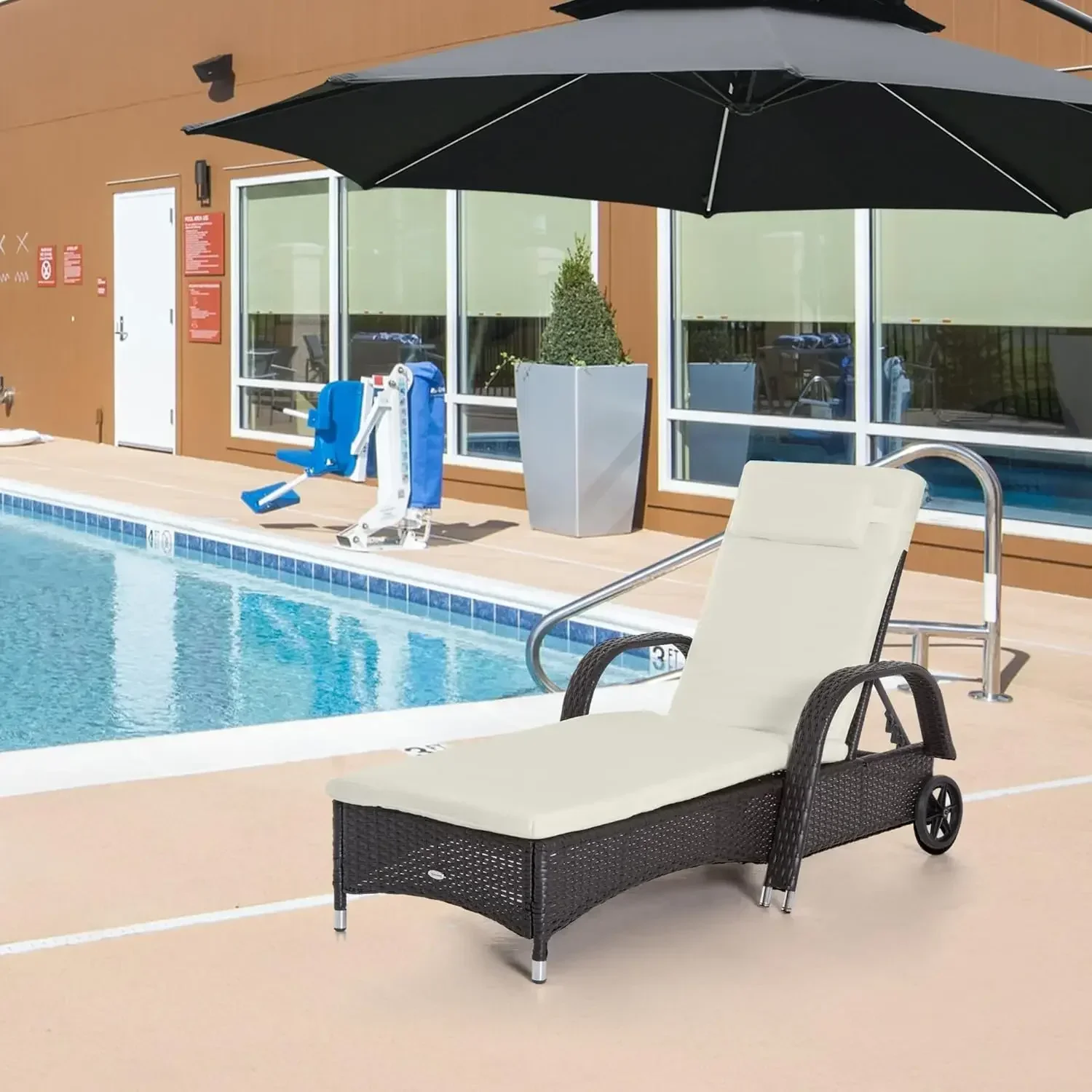 --NewWicker Outdoor Chaise Lounge,5-Level Adjustable Backrest PE Rattan Pool Lounge Chair with Wheels, Cushion & Headrest,Cre