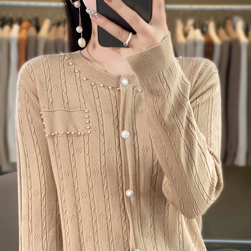 

23 Autumn And Winter New Knitwear Women's Round Neck Long Sleeve Pullover Jacquard Thin Style Small Fragrance Style Knitted Top
