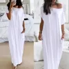 Women Summer Slash Neck Short Sleeve Pocket Long White Dress Female Casual Loose Home Dress Robe Off Shoulder T-Shirt Maxi Dress 1