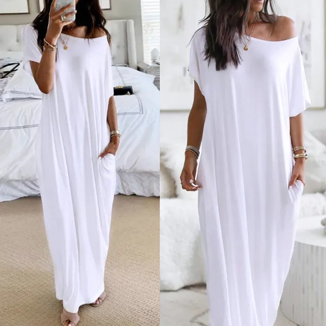 Women Summer Slash Neck Short Sleeve Pocket Long White Dress Female Casual Loose Home Dress Robe Off Shoulder T-Shirt Maxi Dress 1