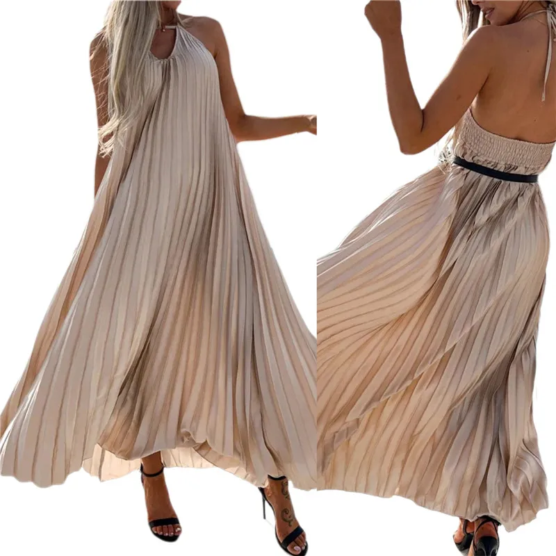 

Women Casual Long Halter Dress Maxi Summer Tie-up Sleeveless Pleated Solid Color Backless Sleeveless A-line Beach Boho Dresses