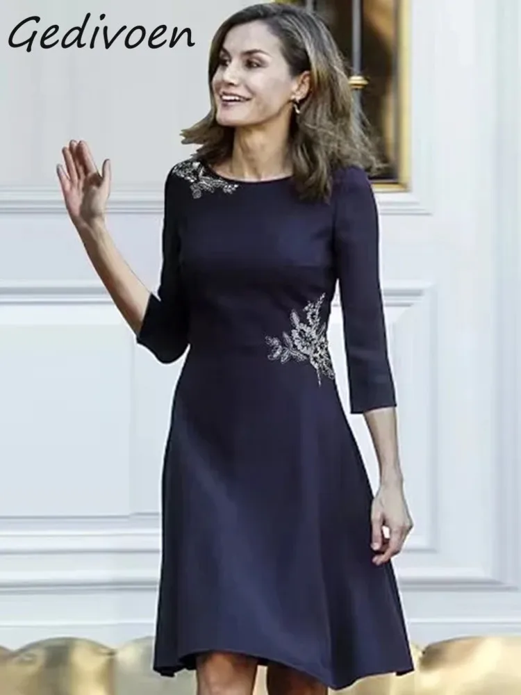 

Gedivoen весеннее модное дизайнерское темно-синее винтажное женское платье с круглым вырезом вышивкой блестками высокой талией повседневные платья миди