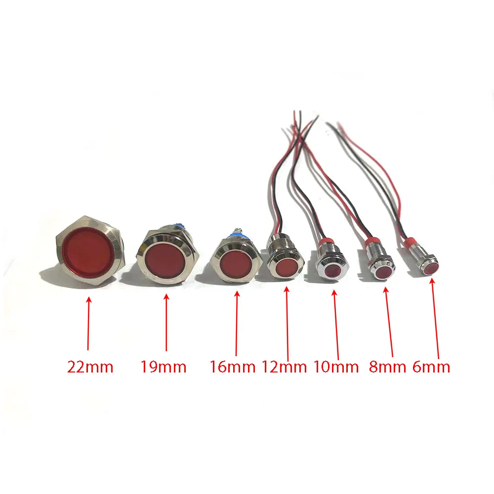 6mm 8mm 10mm 12mm 16mm Metal LED Warning Indicator Light Waterproof IP67 Signal Lamp Pilot Wires Switch 3V 5V 12V 220V Red Blue
