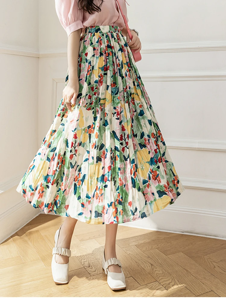 

JMPRS Spring Summer Pleated Floral Print Skirt Women Fashion High Waist Umbrella Skirt Female Korean Style Midi Faldas Mujer New