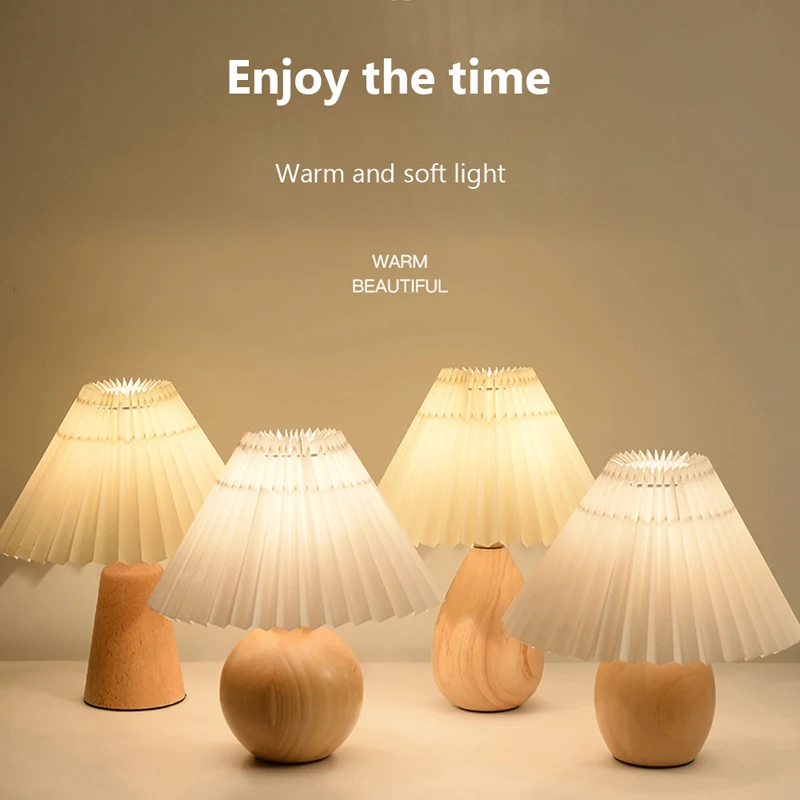 

Nordic bedroom LED table lamp Japanese solid wood bedside light warm pleated table lights living room decorative table lighting