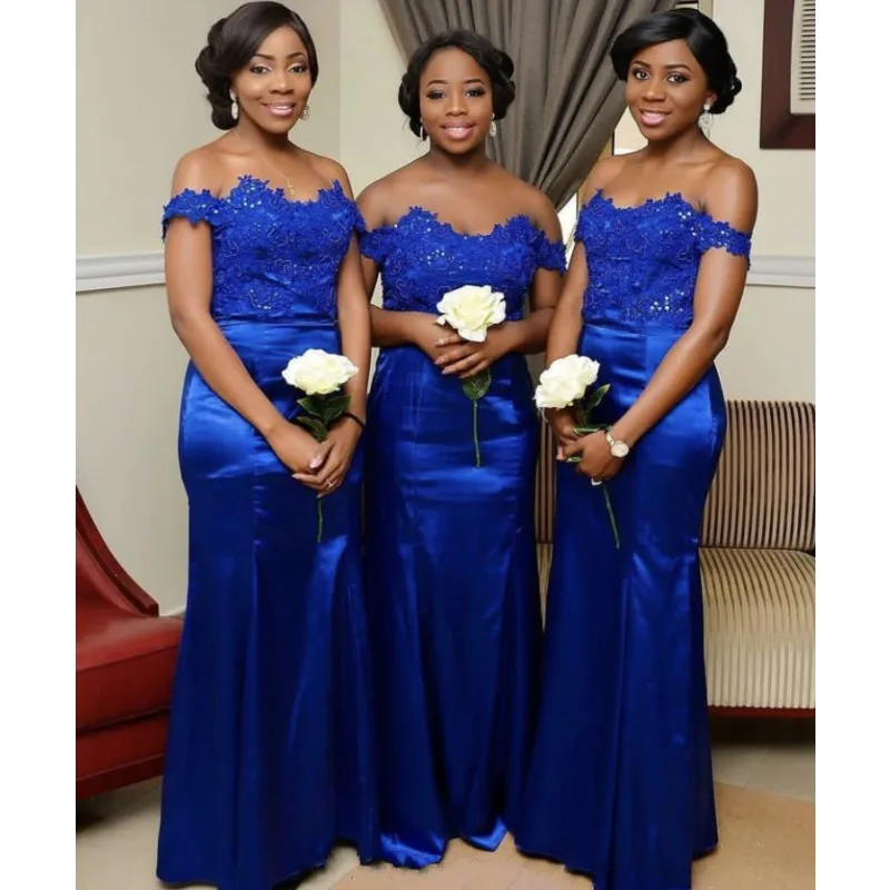 

Royal Blue Bridesmaid Dresses Lace Off The Shoulder Floor Length Silk Satin Pleated Mermaid Bridesmaid Gowns With Lace Up Back