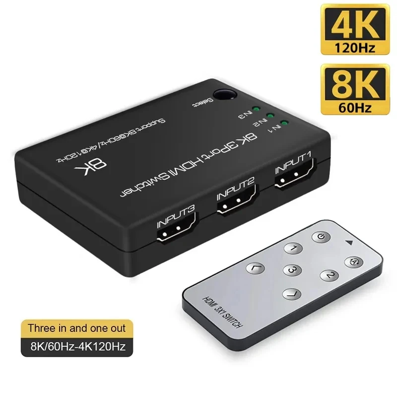 8K 60Hz Hdmi2.1 Switch 3D Hdr 3X1 Hdmi Switcher Convertitore Video 4K 120Hz 3 In 1 Out 8K Switcher Per Ps5 Tv Box Pc Switch To Tv