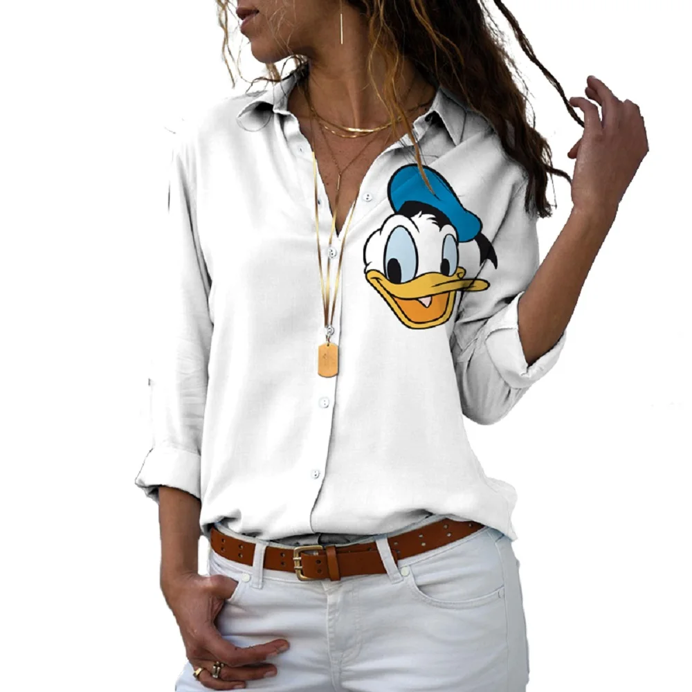 New 2024 Harajuku Slim Fit 3D Printed Women's Button Up Long Sleeve Lapel Mickey Minnie Casual Cute Shirt y2k