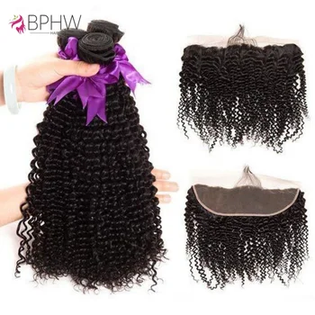 Kinky Curly 3 Bundles With 13x4 Lace Frontal Hair Extensions Lace Bundles With Closure Hair Weave Natural Color Virgin Hair BPHW