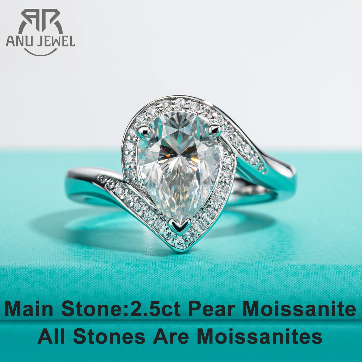 AnuJewel Pear Moissanite Halo Engagement Ring 925