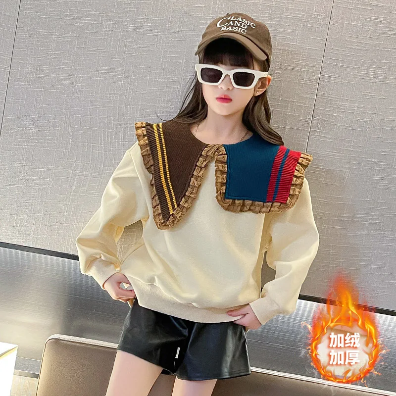 

Girls Autumn Winter Plush Sweatshirt Fashion Colorful Lapel Pullover Children's Clothing for Teens Casual Long Sleeve Top 4-14 Y