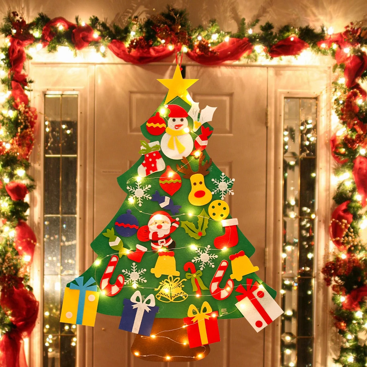 DIY Felt Christmas Tree Xmas Tree With Fairy String Lights Merry Christmas Decorations 2023 Christmas Ornaments Kids Gifts