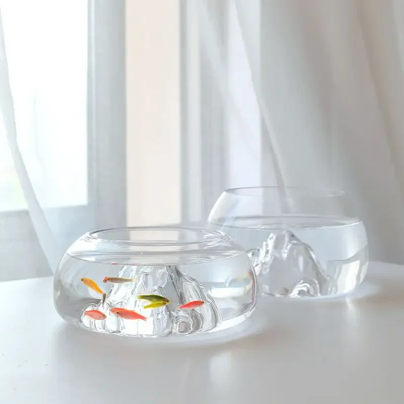 Iceberg Fish Tank Desktop Transparent Mini Living Room Home Office Thickened Creative Circular Fish Tank for Small Ornamental Fishs