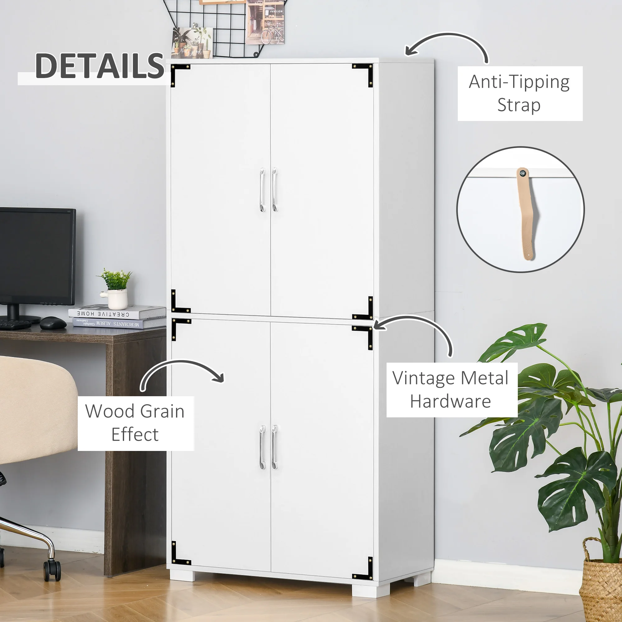 Industrial Style 4-Door Pantry Cabinet Organizer W/ Storage Shelves, White 4
