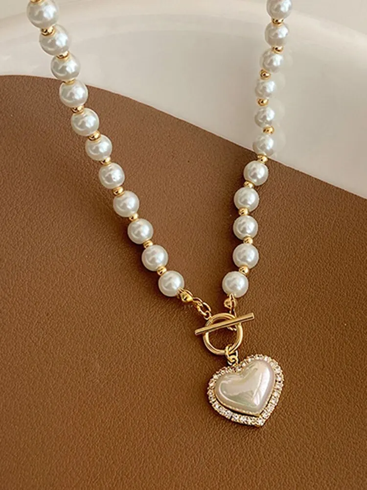 Sa54d4995507d40e1a2bac349fb2a10b2U Elegant Pearl Necklace for Women Heart Pendant Necklaces Luxury Imitation Pearls Chain Necklaces Korean Jewelry Girls Gifts Mallzona