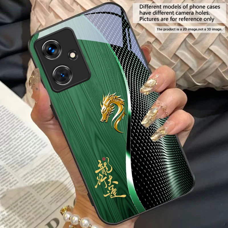Elegant Black Tempered Glass Phone Case with Traditional Dragon Totem Design
