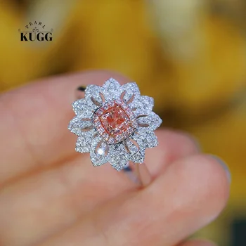 KUGG 18K White Gold Rings Luxury Flower Design Romantic Style Real Natural Pink Diamond Engagement Ring for Women High Jewelry