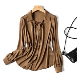 Satin Solid Women's Shirts Summer 2023 New Loose Vintage Blouses Long Sleeves Ladies Clothing Silk Women Tops YCMYUNYAN