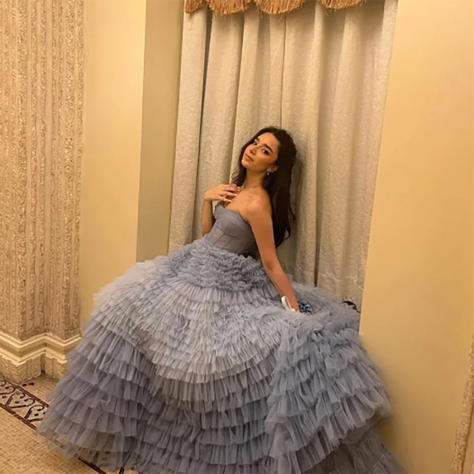 Customized Charming Sweet Dusty Blue Strapless Multi-layered Ruffles Evening Wedding Dress 2026 Floor Length Formal Bridal Gowns