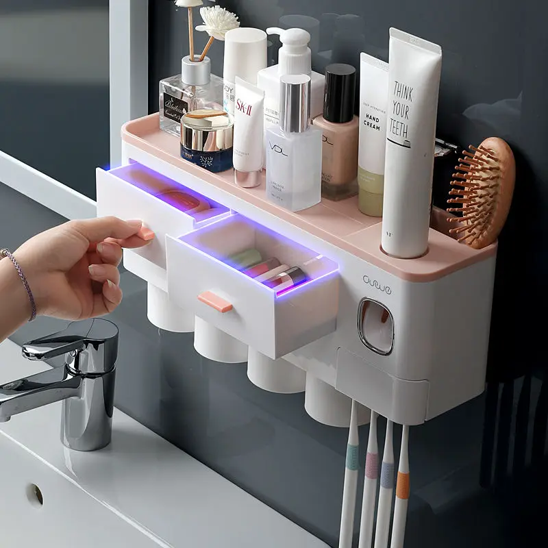 Toothpaste Dispenser Bathroom Accessories Set WIKHOSTAR Multifunction Toothpaste Dispenser Magnetic Adsorption Inverted Toothbrush Holder Storage Rack Bathroom Accessories