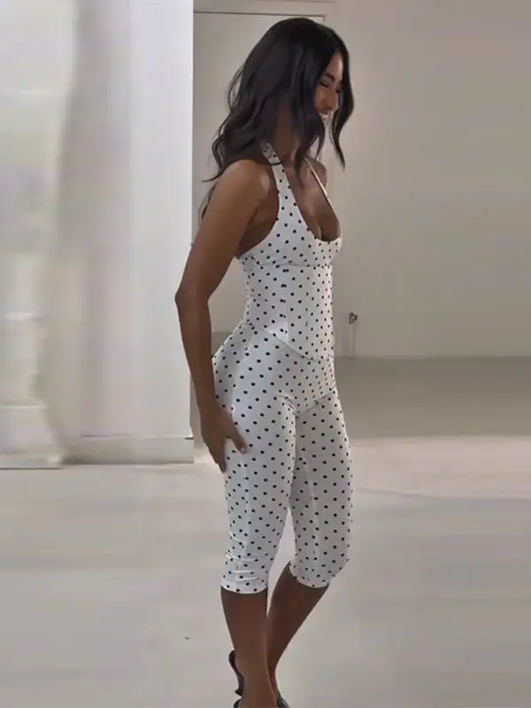 Women Polka Dot Halter Neck Corset Sleeveless Top Capri Pants Set Two Piece Bodycon Street Casual Slimming Spring Suit Ladies