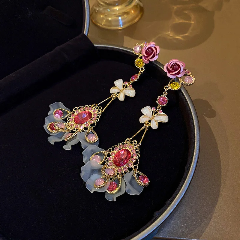 Korean Luxury Butterfly Flower Crystal Long Drop Earrings For Women Fashion Waterdrop Party Pendientes Jewelry Gifts