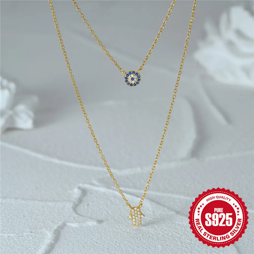 Aide 925 Sterling Silver Evil Eyes Zircone Charm Collana Per Le Donne Luxury Trend Double Gold Chains Collar Jewelry Wedding Party
