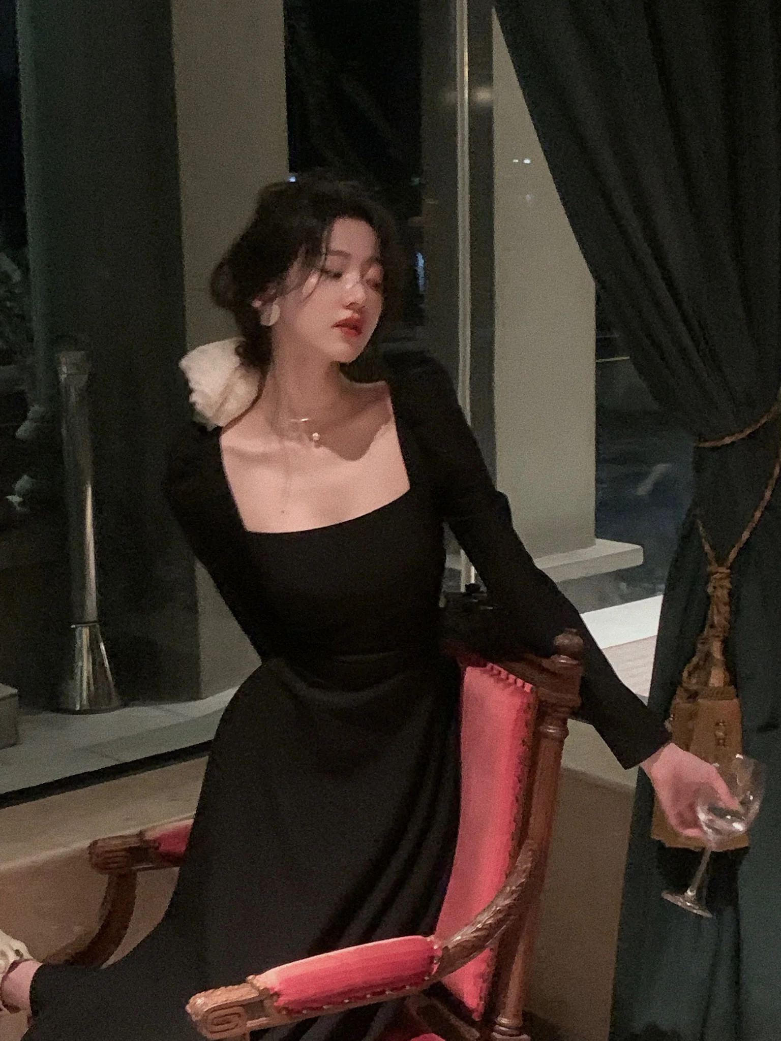 Spring New Elegant Square Collar Midi Party Dresses for Women Long Sleeve Black White Slim Vestidos Female High Waist Clothes